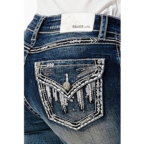 Grace in LA Denim - Grace in LA Women's Aztec Embroidered Faux Flap Pockets Bootcut Stretch Jeans